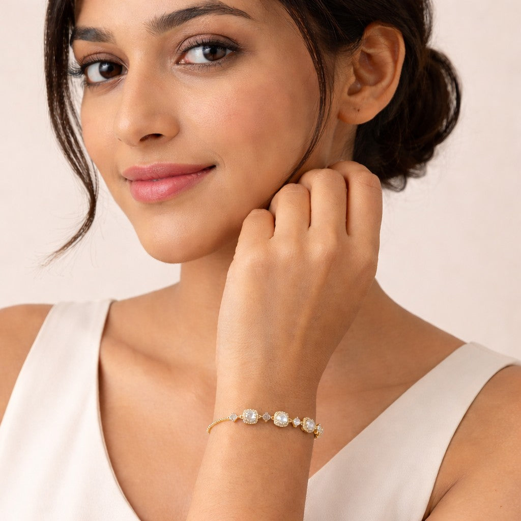 Dainty gold CZ halo slider bracelet for women