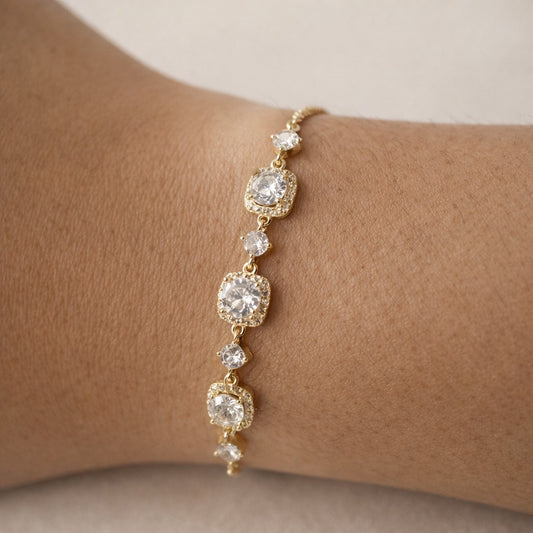 Gold plated adjustable halo cubic zirconia bracelet for women