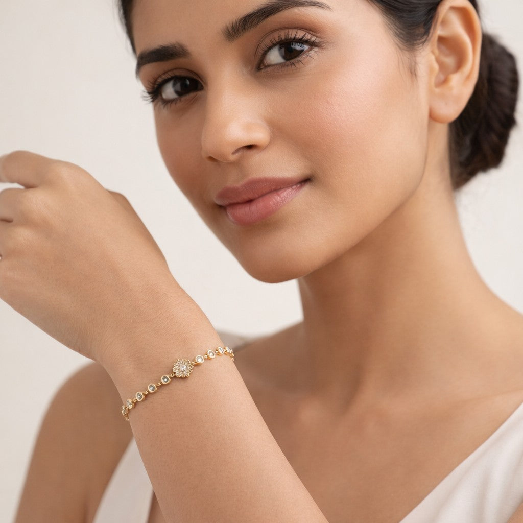 Gold Plated Adjustable Flower Bracelet with cubic zirconia crystals for women