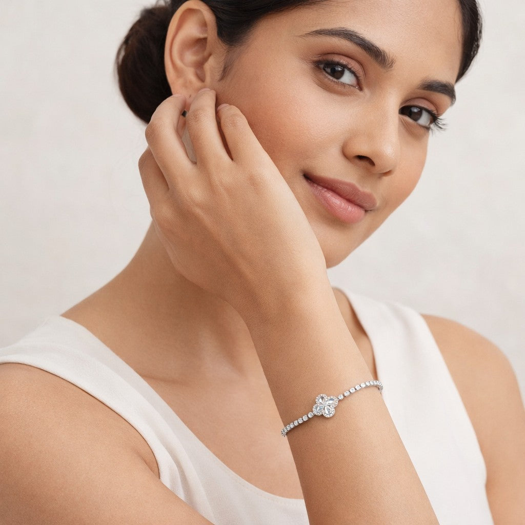 Silver Crystal Flower Bracelet – Adjustable CZ Tennis Bracelet
