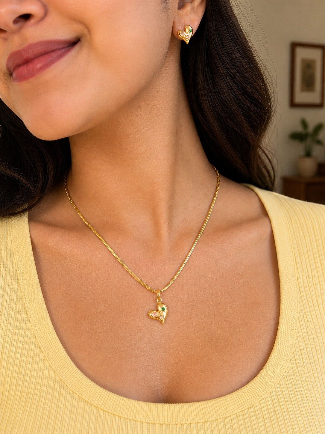 Gold Heart Pendant Necklace with Crystal Stud Earrings Set
