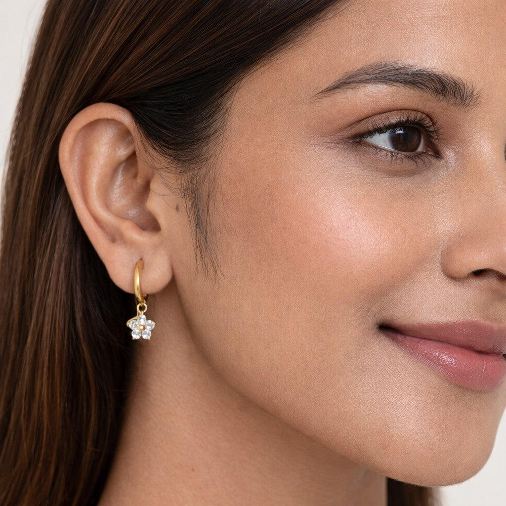 Gold Tone Crystal Flower Hoop Earrings for