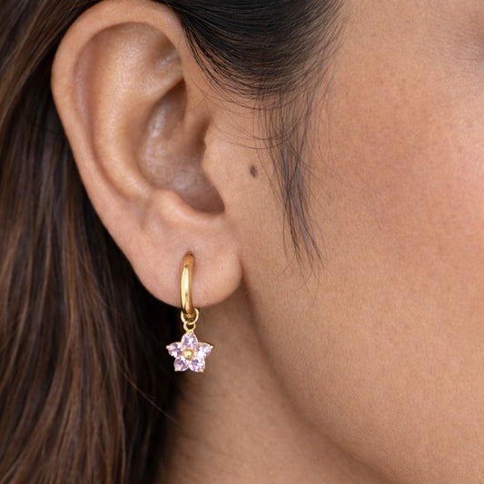 Gold Tone Pink Crystal Flower Hoop Earrings