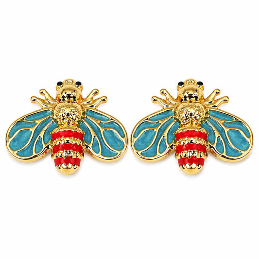 Gold Bee Blue Stud Earrings