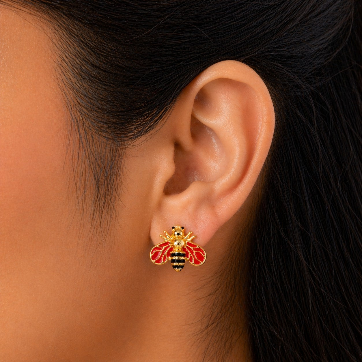 Gold Bee Red Stud Earrings