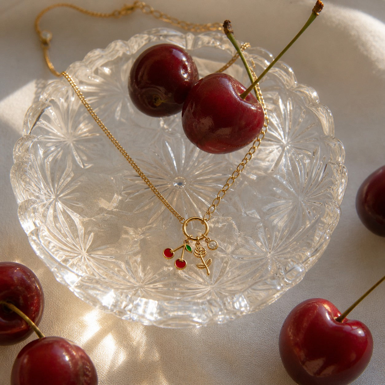 Gold Cherry Charm Pendant Necklace