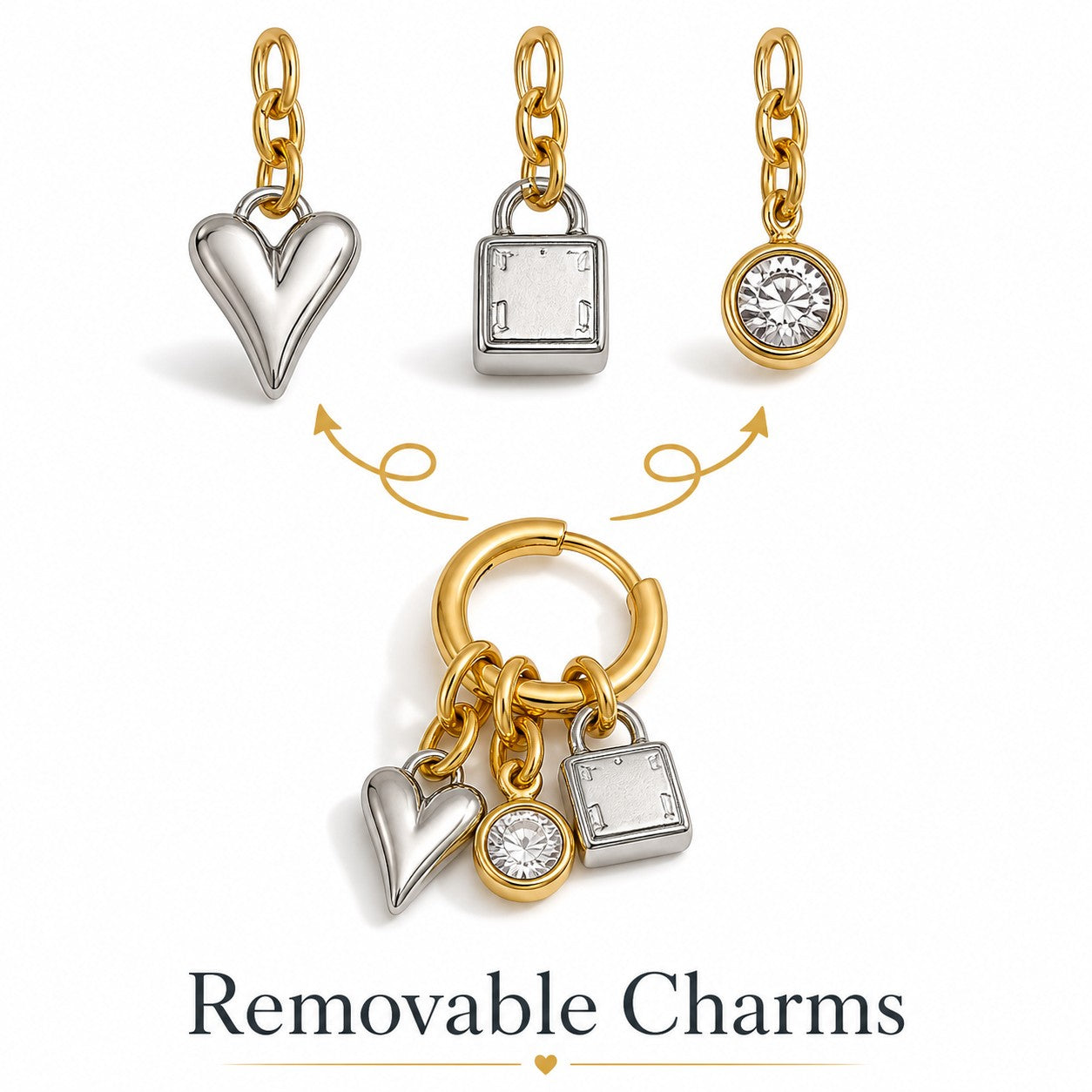 Gold Charm Hoop Earrings – Heart Lock Crystal Dangle Earrings