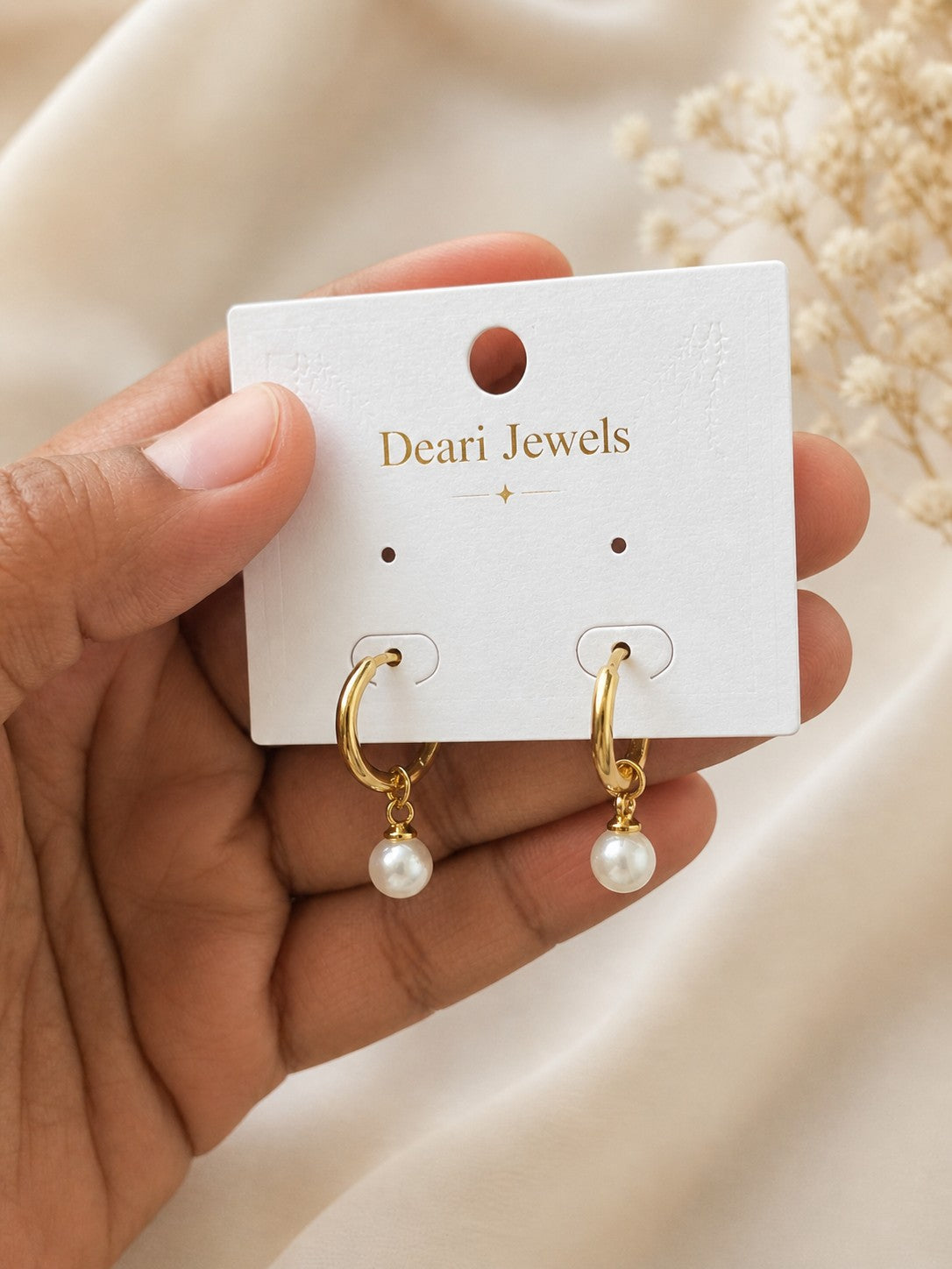 Gold Pearl Drop Hoop Earrings