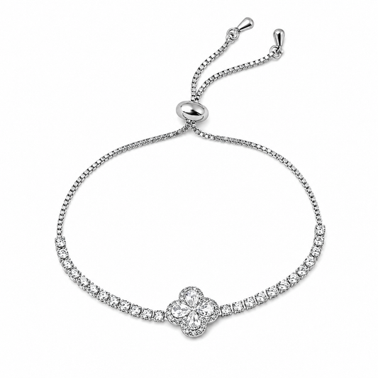 Silver Crystal Flower Bracelet – Adjustable CZ Tennis Bracelet