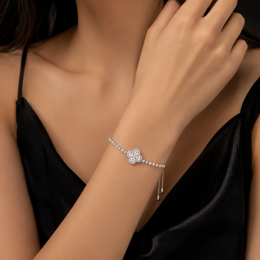 Silver Crystal Flower Bracelet – Adjustable CZ Tennis Bracelet