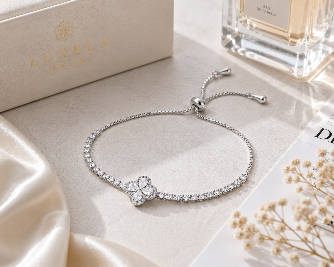 Silver Crystal Flower Bracelet – Adjustable CZ Tennis Bracelet
