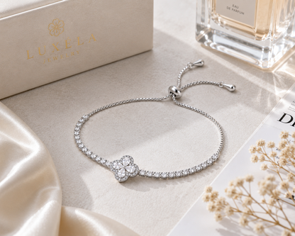 Silver Crystal Flower Bracelet – Adjustable CZ Tennis Bracelet