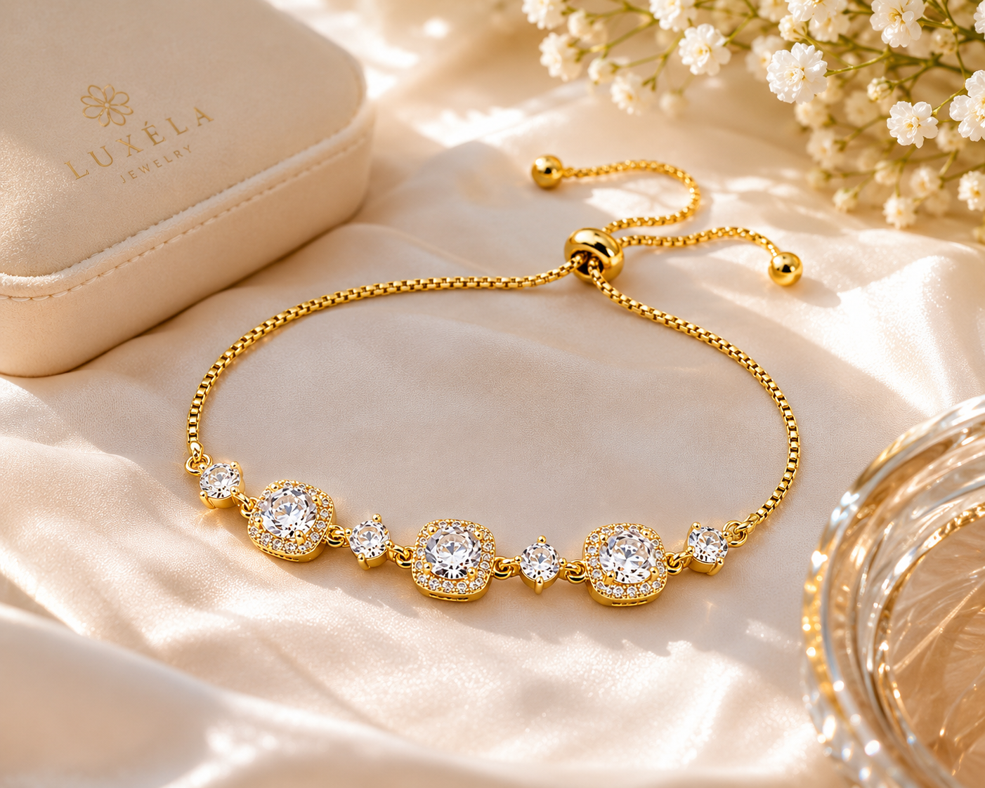 Gold Plated CZ Bracelet – Adjustable Halo Bracelet