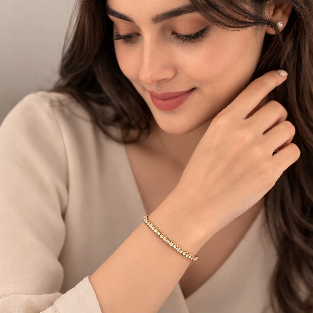 Dainty gold CZ tennis slider bracelet for women