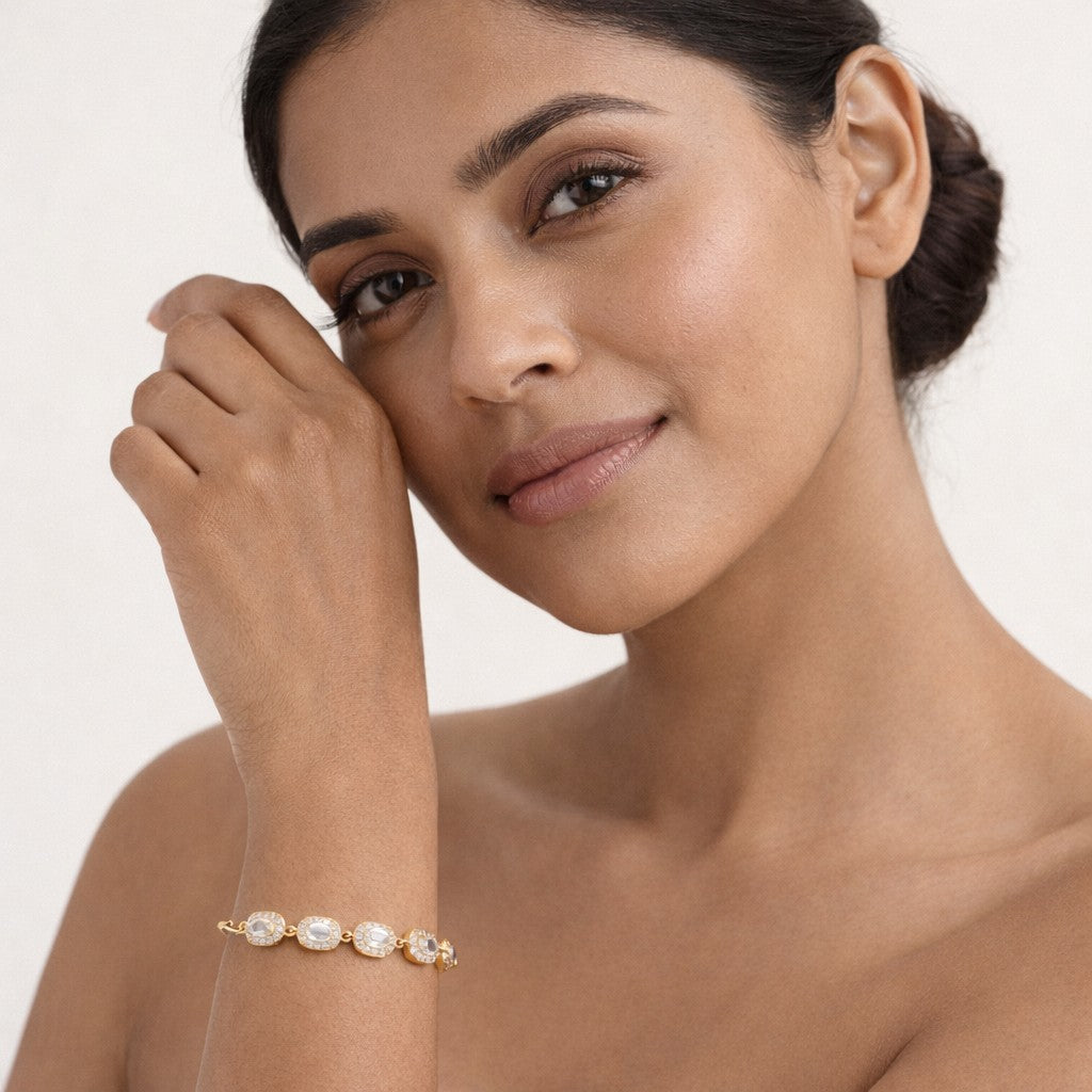 Gold plated slider bracelet with crystal halo stones for women