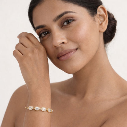 Gold plated slider bracelet with crystal halo stones for women
