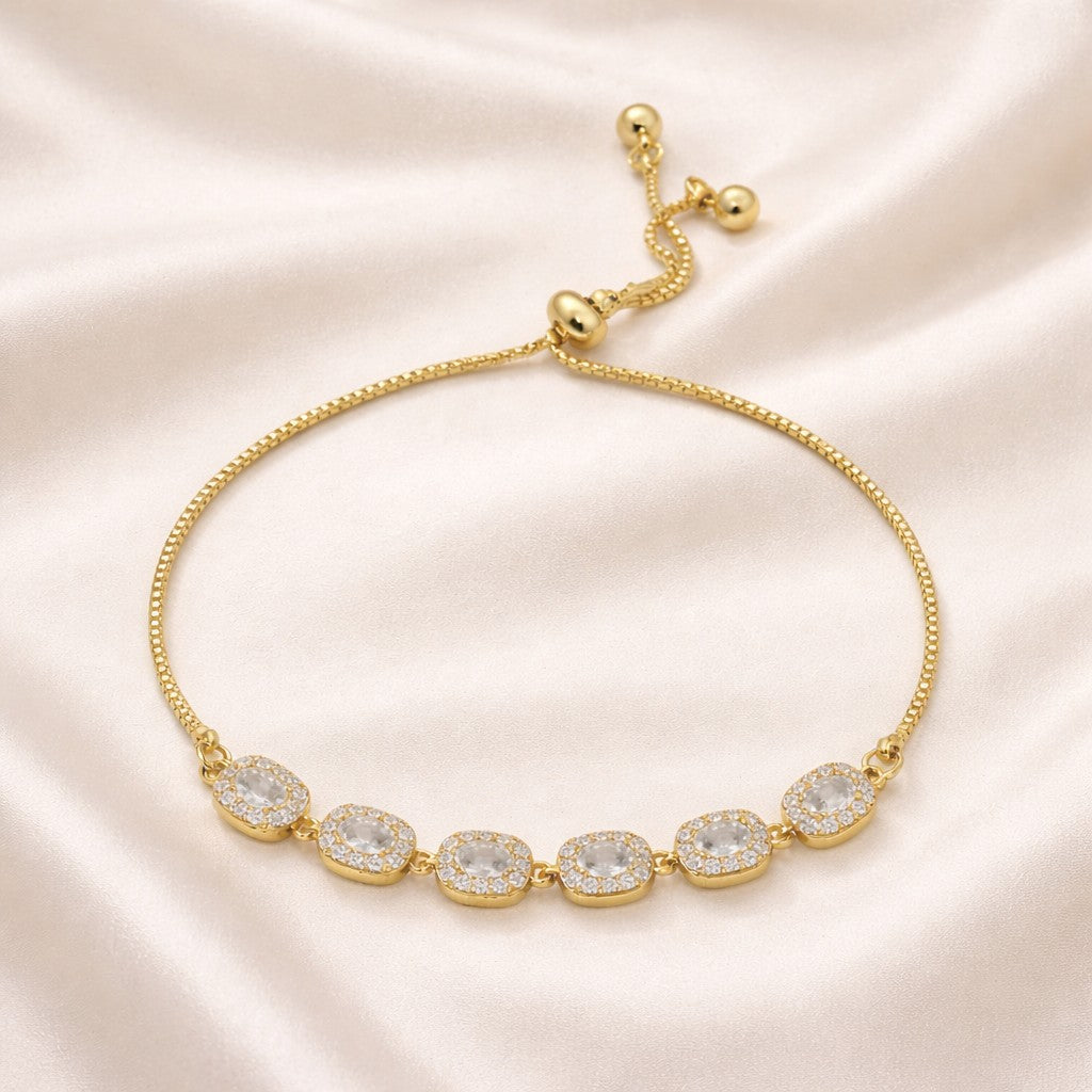 Gold plated slider bracelet with crystal halo stones for women