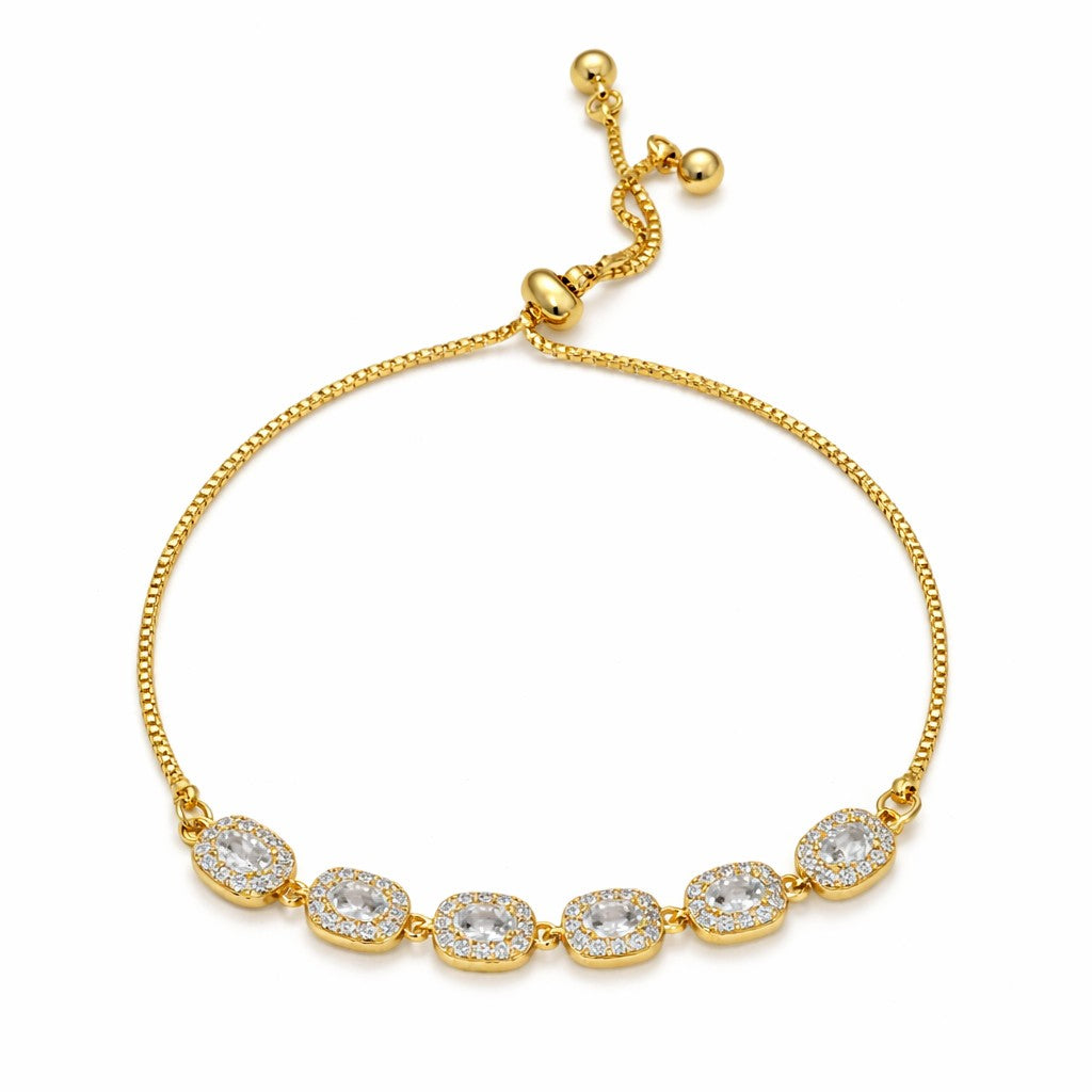Gold plated slider bracelet with crystal halo stones for women