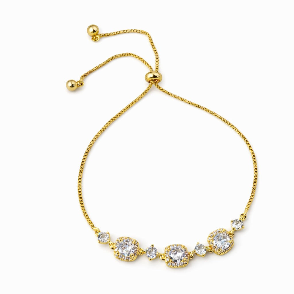 Gold plated adjustable halo cubic zirconia bracelet for women