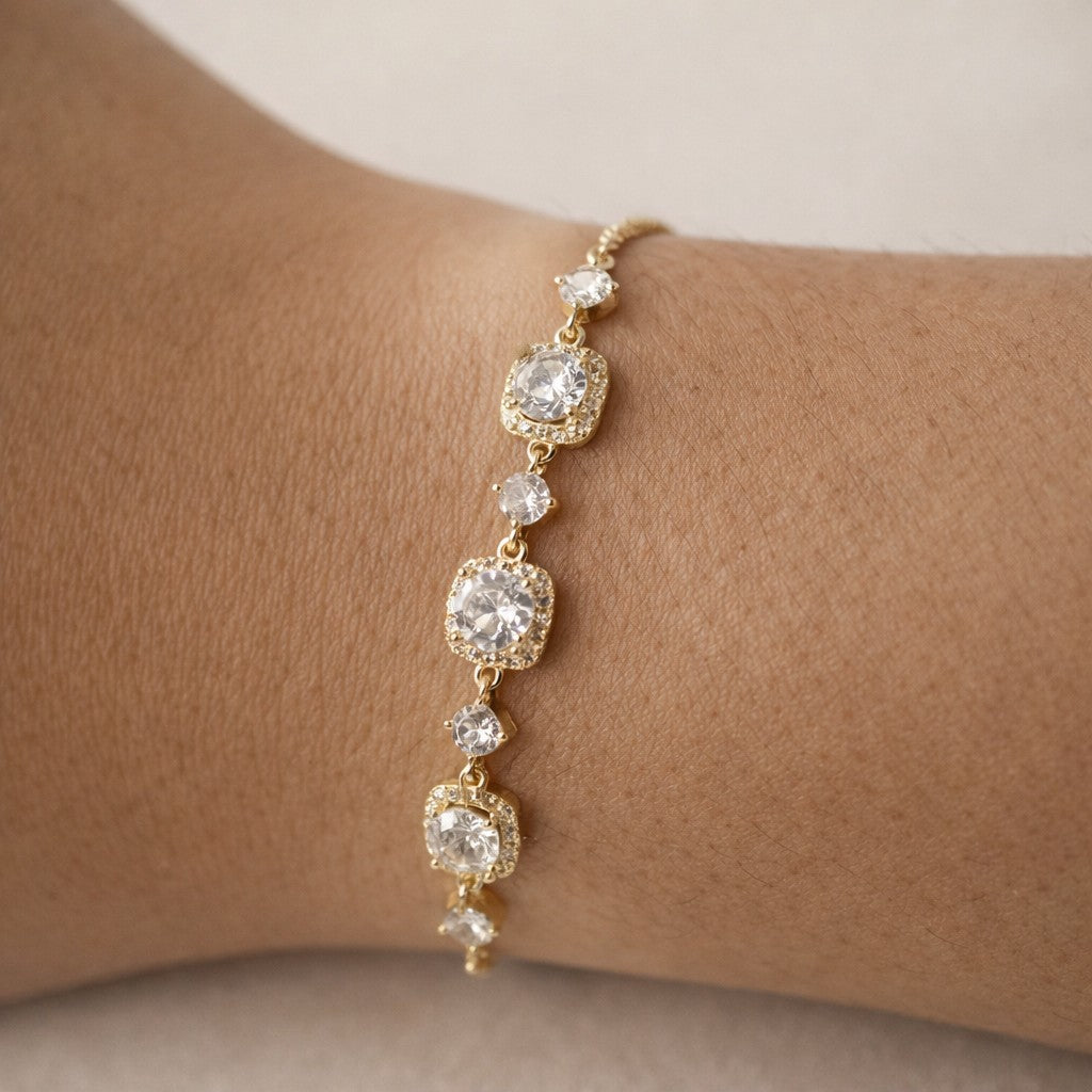Gold plated adjustable halo cubic zirconia bracelet for women