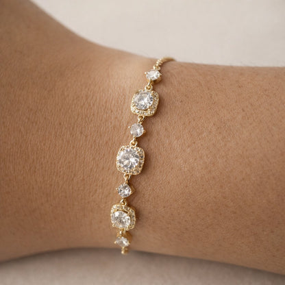 Gold plated adjustable halo cubic zirconia bracelet for women