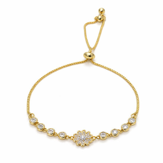 Gold Plated Adjustable Flower Bracelet with cubic zirconia crystals for women