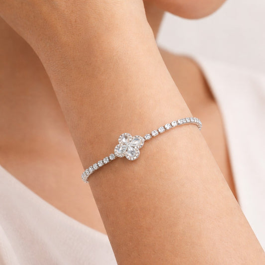 Silver Crystal Flower Bracelet – Adjustable CZ Tennis Bracelet