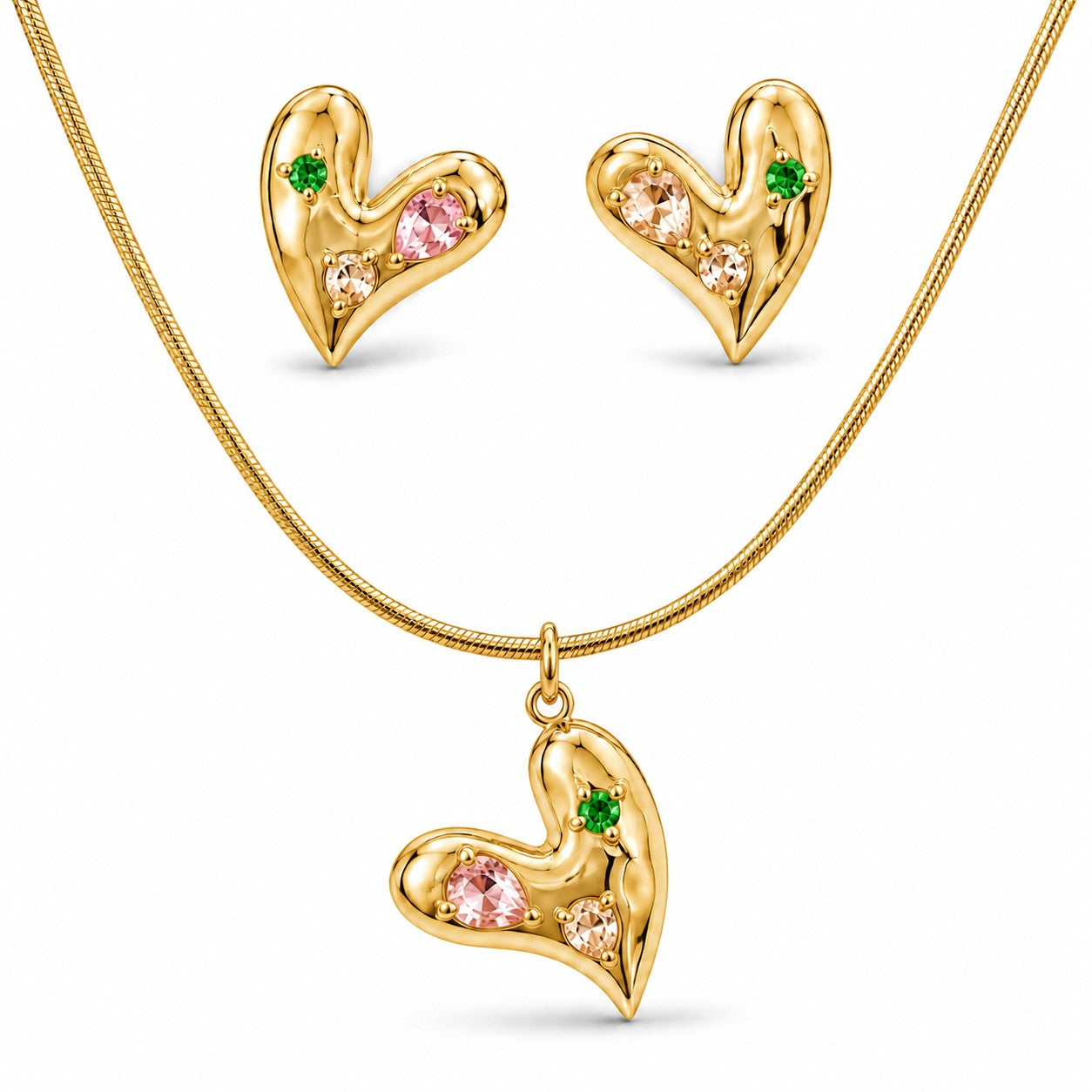 Gold Heart Pendant Necklace with Crystal Stud Earrings Set