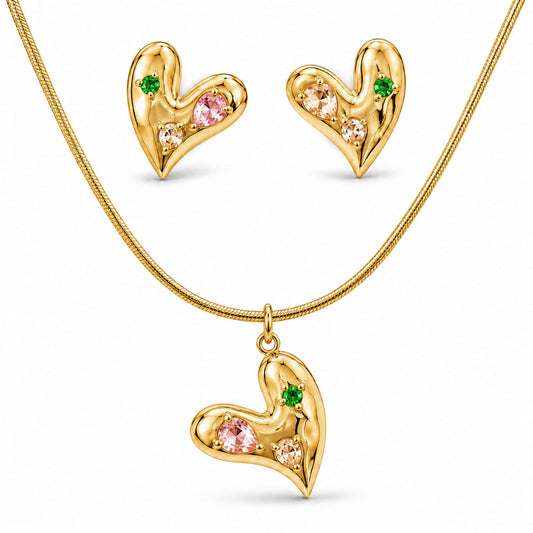 Gold Heart Pendant Necklace with Crystal Stud Earrings Set
