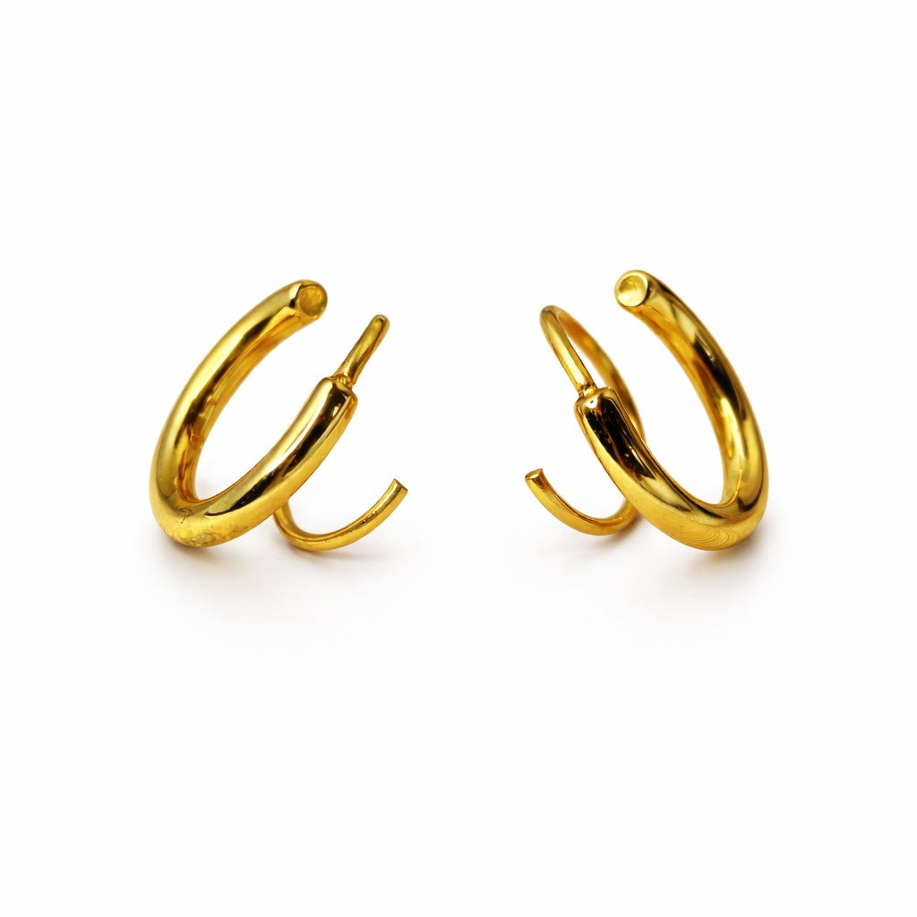 Double layer cord hoop earrings in gold tone stainless steel