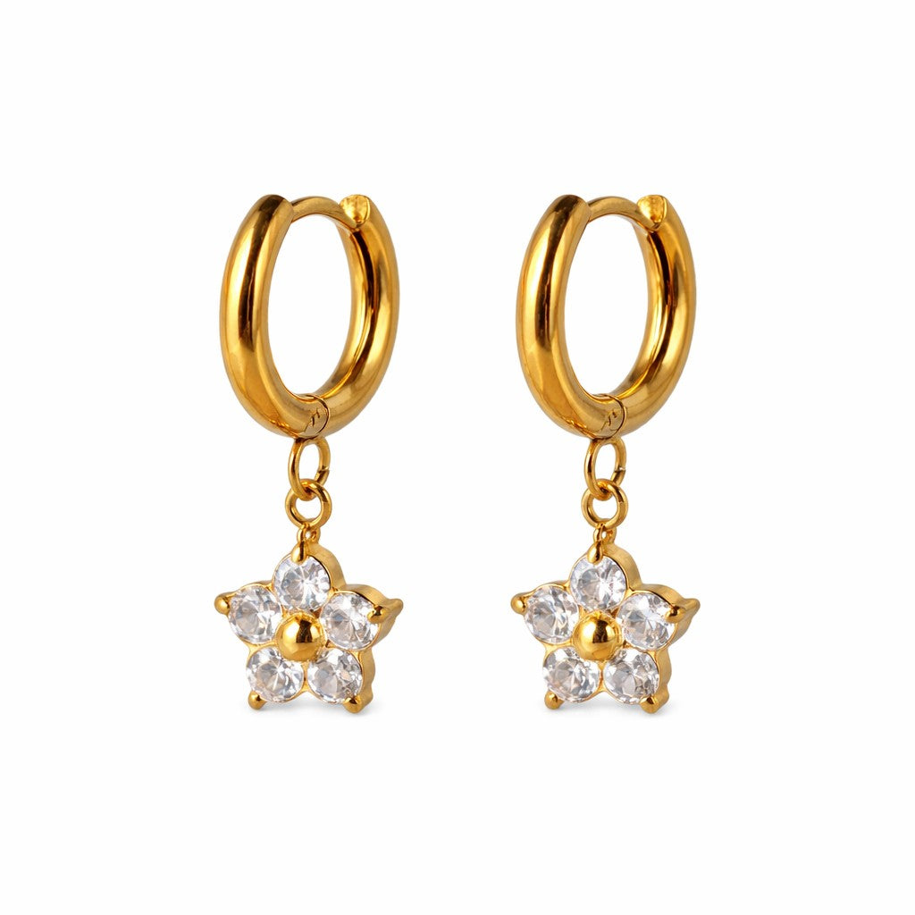Gold Tone Crystal Flower Hoop Earrings for