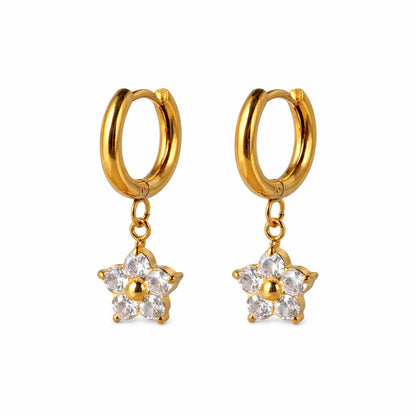 Gold Tone Crystal Flower Hoop Earrings for