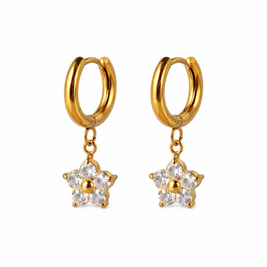Gold Tone Crystal Flower Hoop Earrings for