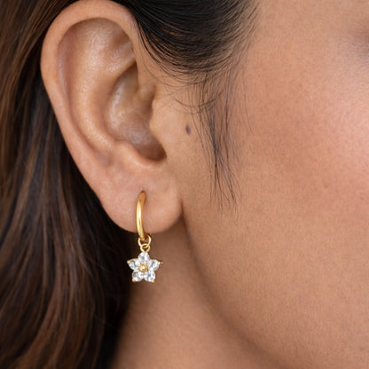 Gold Tone Crystal Flower Hoop Earrings for