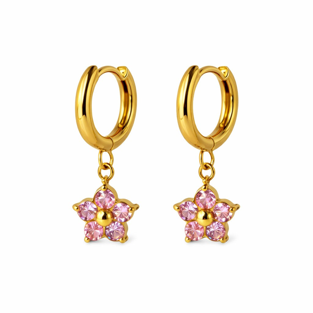 Gold Tone Pink Crystal Flower Hoop Earrings