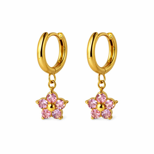 Gold Tone Pink Crystal Flower Hoop Earrings
