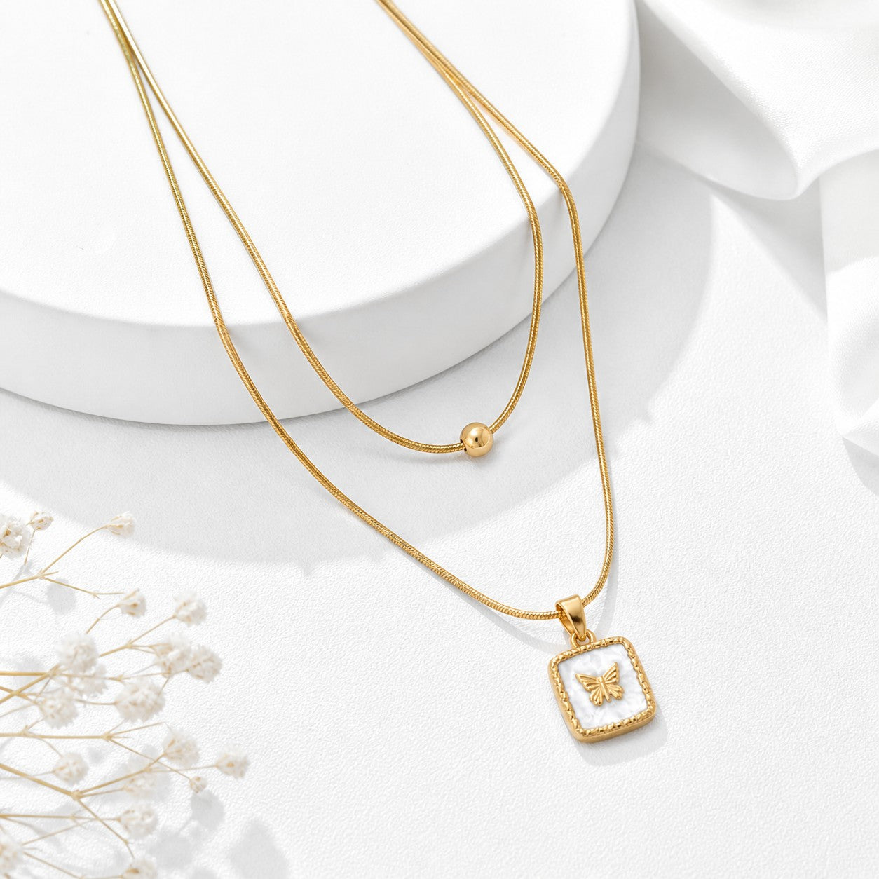 Gold Butterfly Pendant Layered Necklace