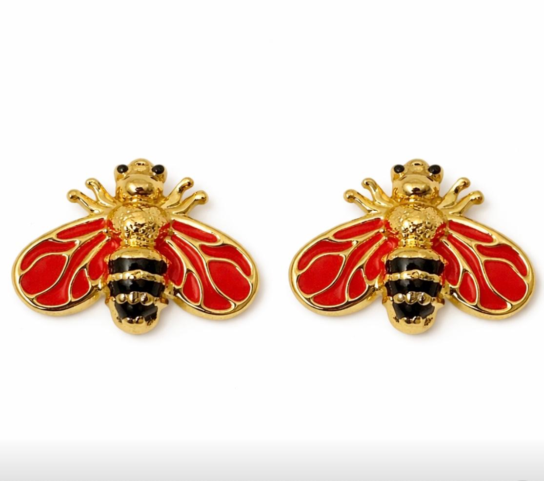Gold Bee Red Stud Earrings