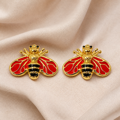 Gold Bee Red Stud Earrings