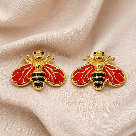 Gold Bee Red Stud Earrings