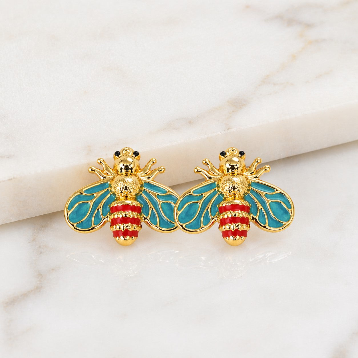 Gold Bee Blue Stud Earrings