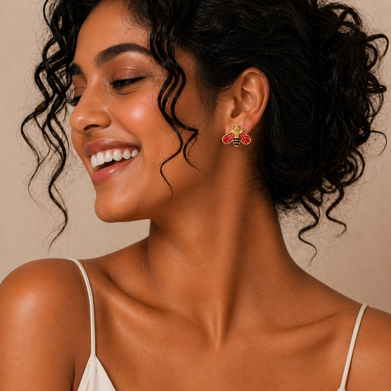 Gold Bee Red Stud Earrings