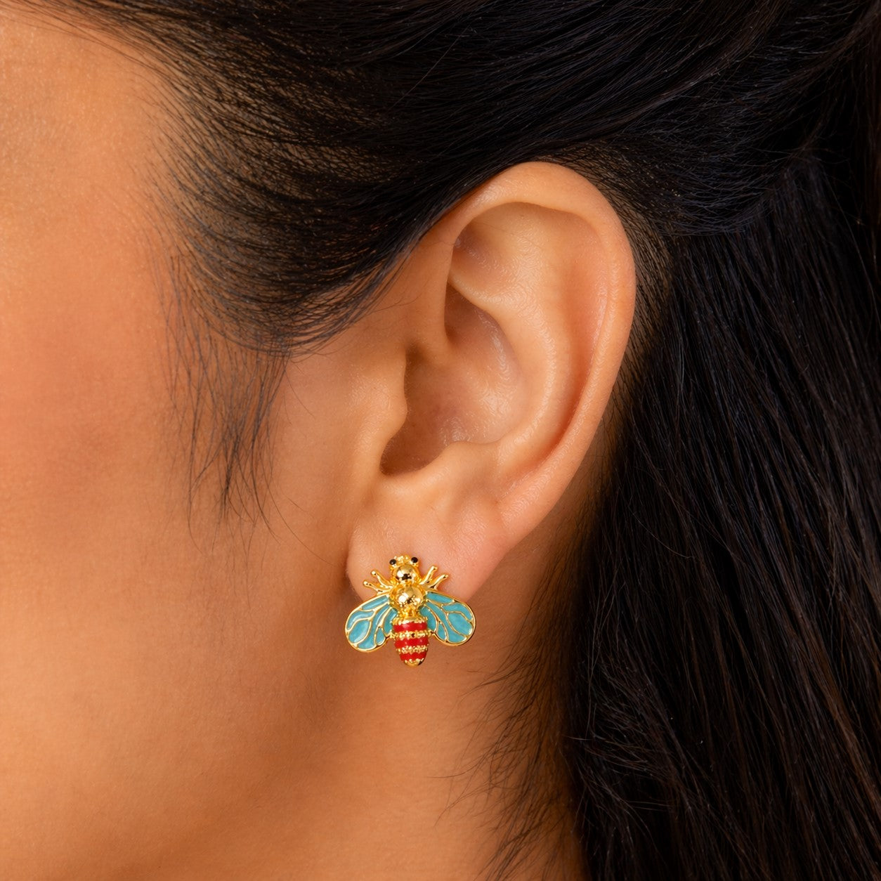 Gold Bee Blue Stud Earrings