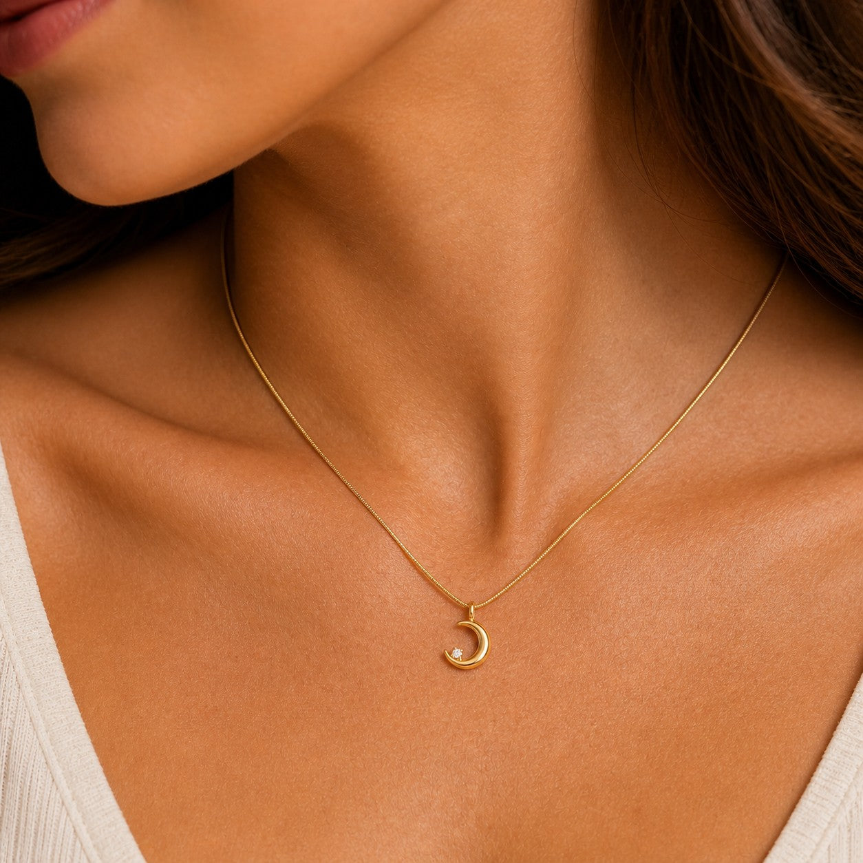 Gold Crescent Moon Crystal Pendant Necklace