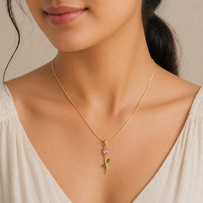 Gold Pink Crystal Flower Pendant Necklace