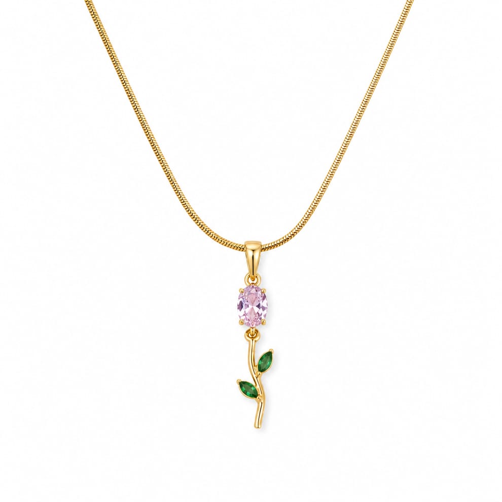 Gold Pink Crystal Flower Pendant Necklace