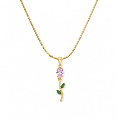 Gold Pink Crystal Flower Pendant Necklace