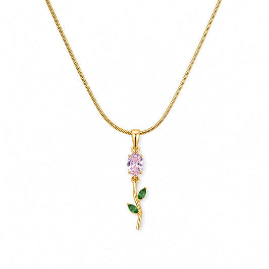 Gold Pink Crystal Flower Pendant Necklace