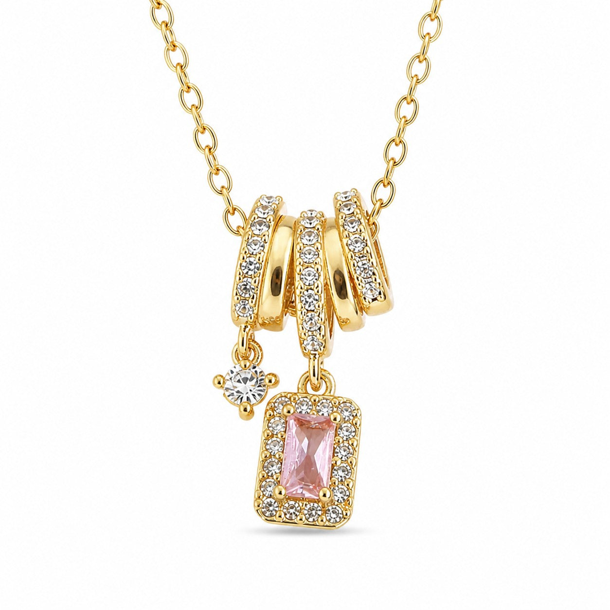 Gold Pink Crystal Charm Pendant Necklace