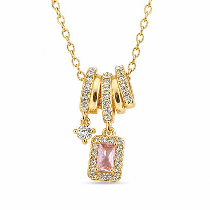 Gold Pink Crystal Charm Pendant Necklace